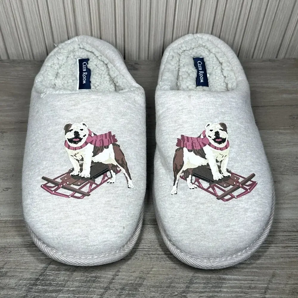 Club Room Men's Faux Fur Comfy Slide Slippers Bulldog Print Size M (8-9)